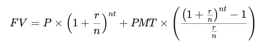 Compound Interest Formula: FV = P × (1 + r/n)^nt + PMT × ((1 + r/n)^nt - 1) / (r/n)